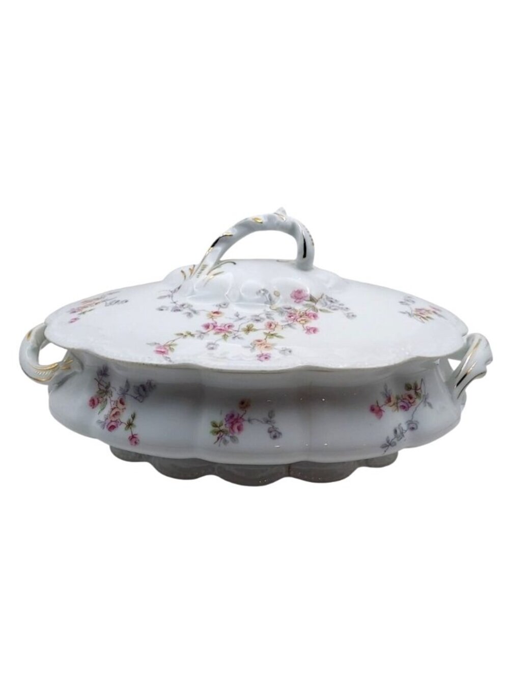 Antique Bassett Limoges Austria Porcelain Floral Covered Oval Serving Dish 6027